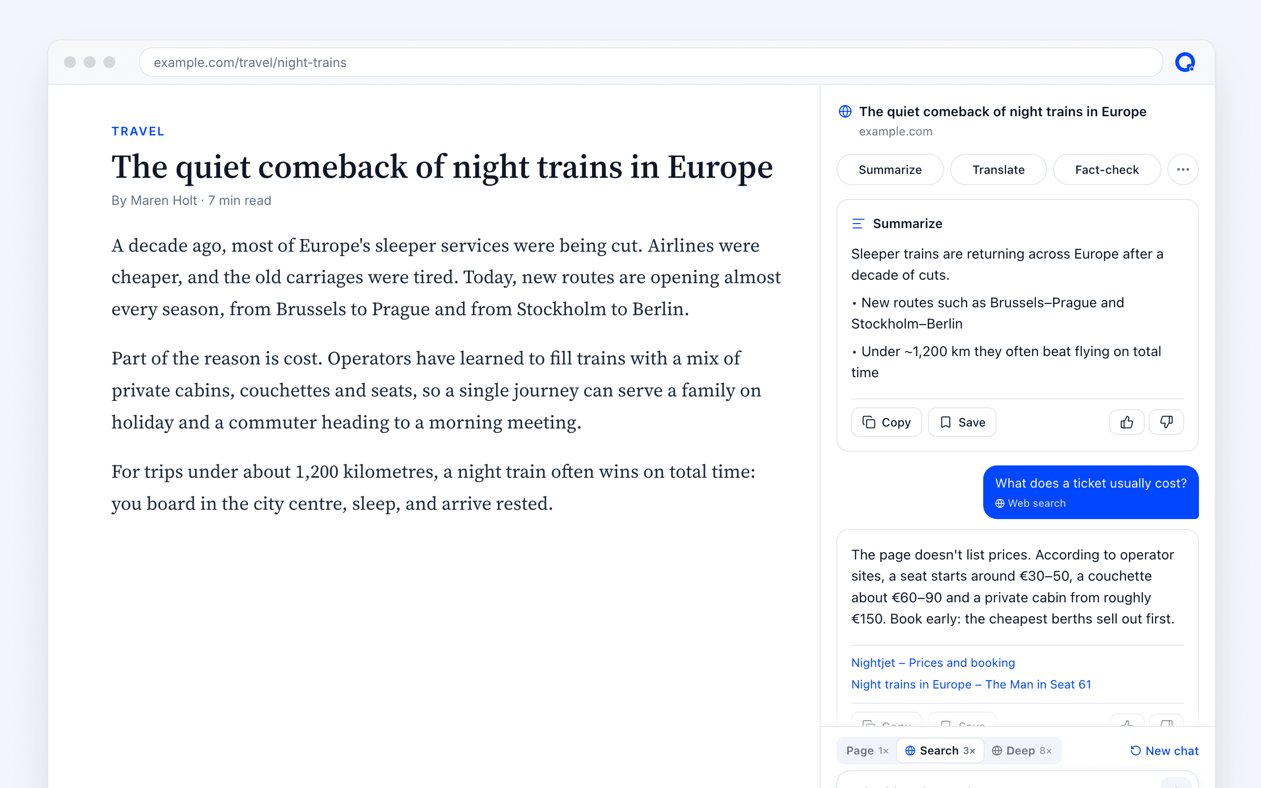 The side panel with a summary and a follow-up question answered with web search