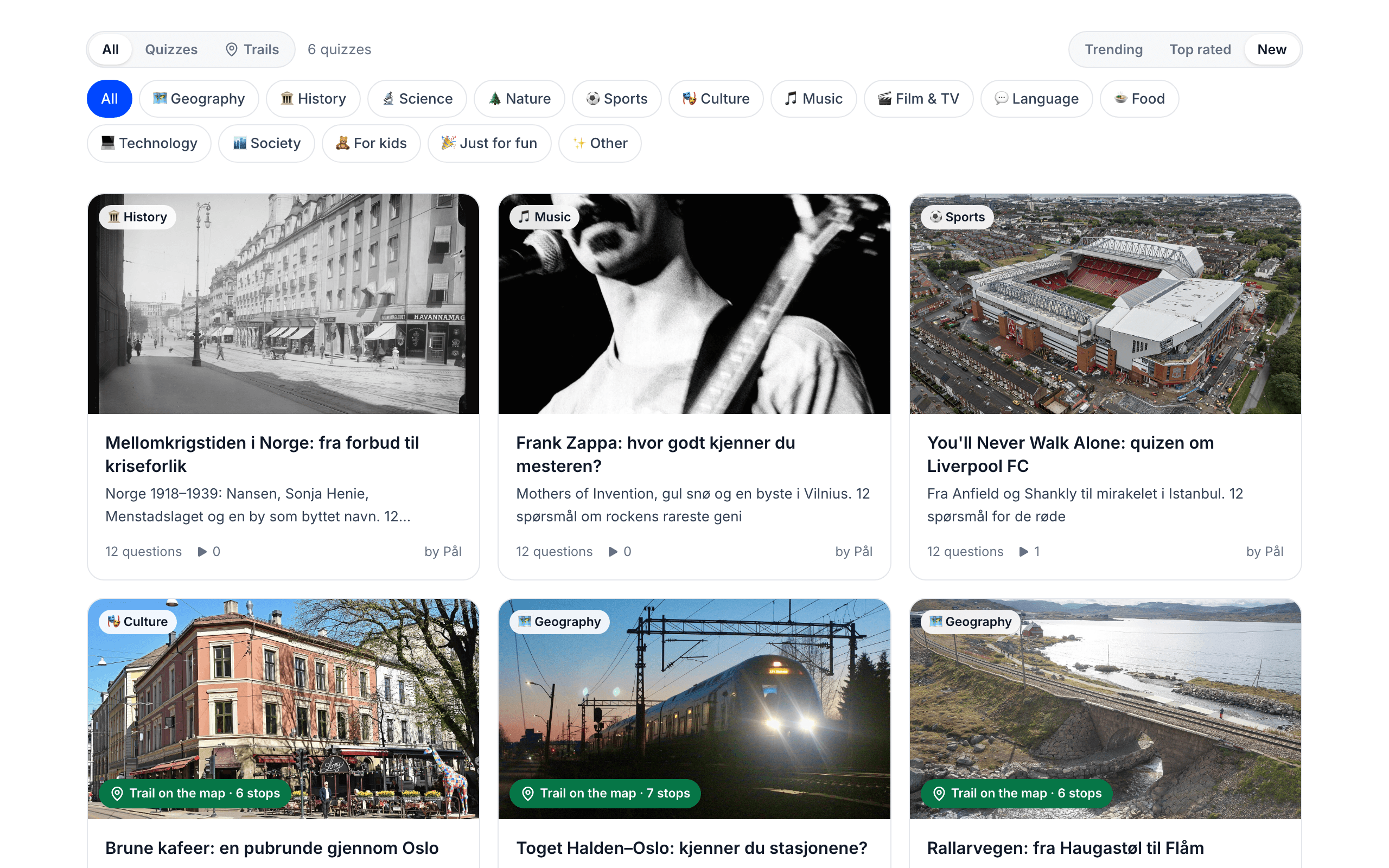 The community page with quizzes on history, music and football, and trails with their stops
