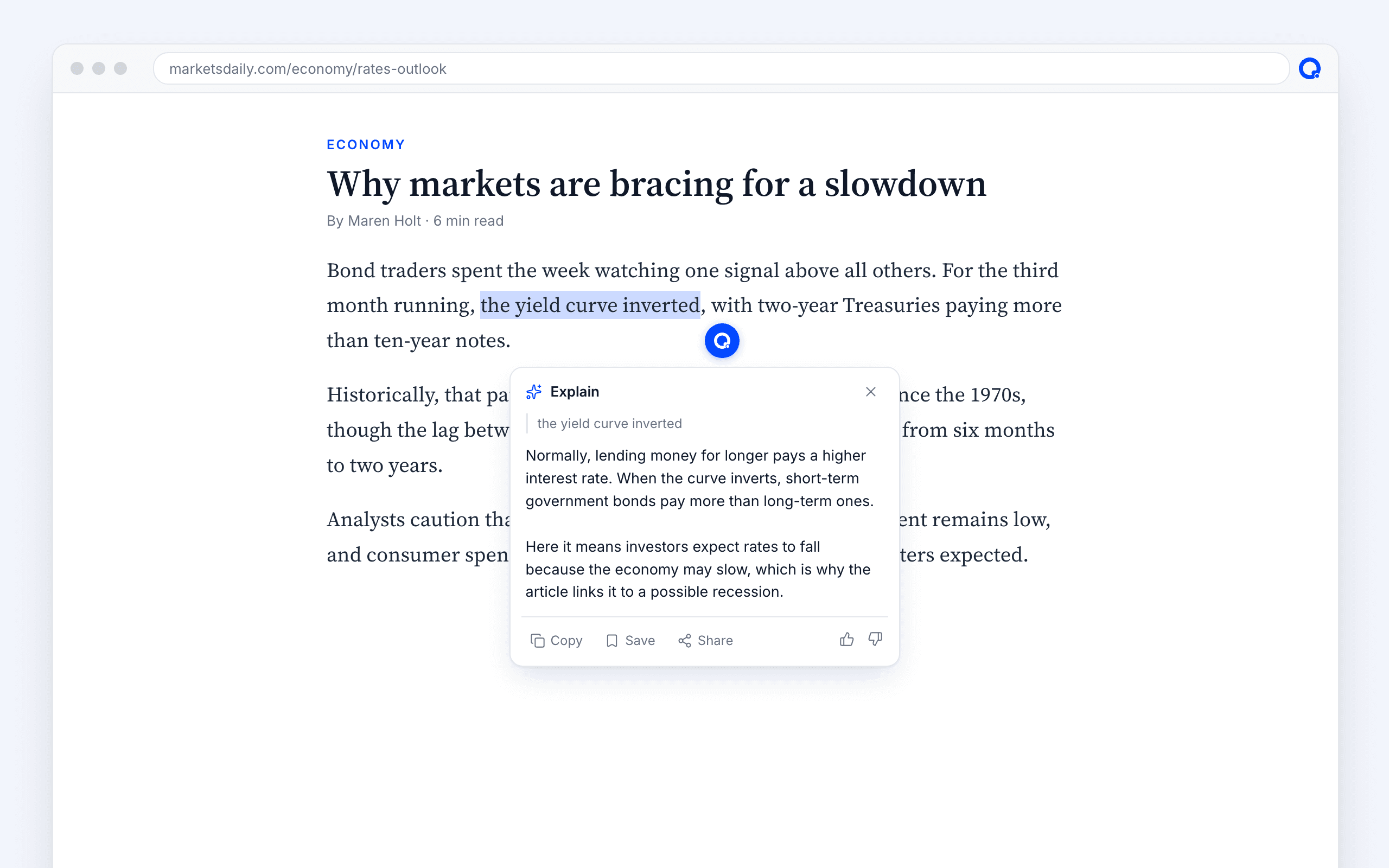 Quixplain explaining “the yield curve inverted” in a news article