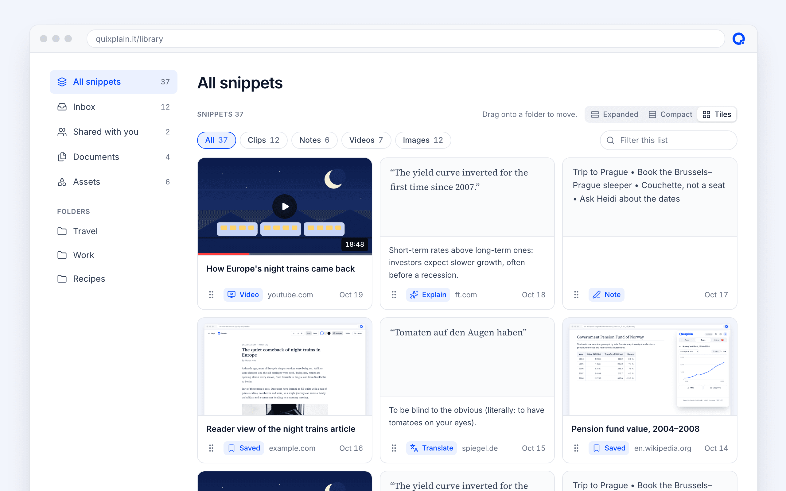 The library in Tiles view, with filters for clips, notes, videos and images