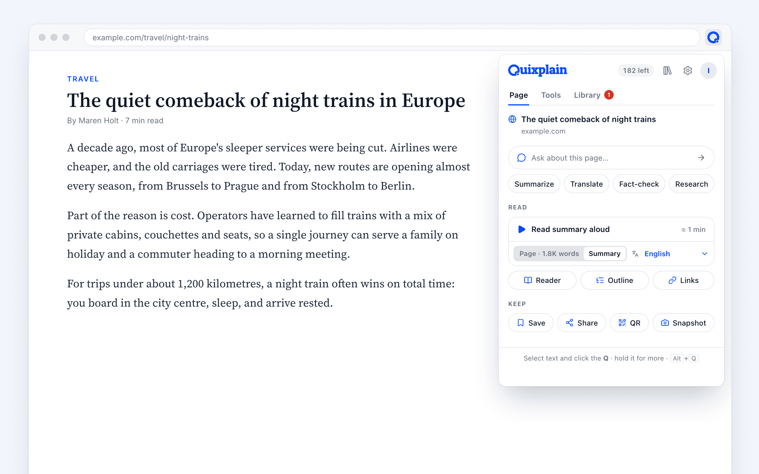 The Quixplain toolbar popup over an article