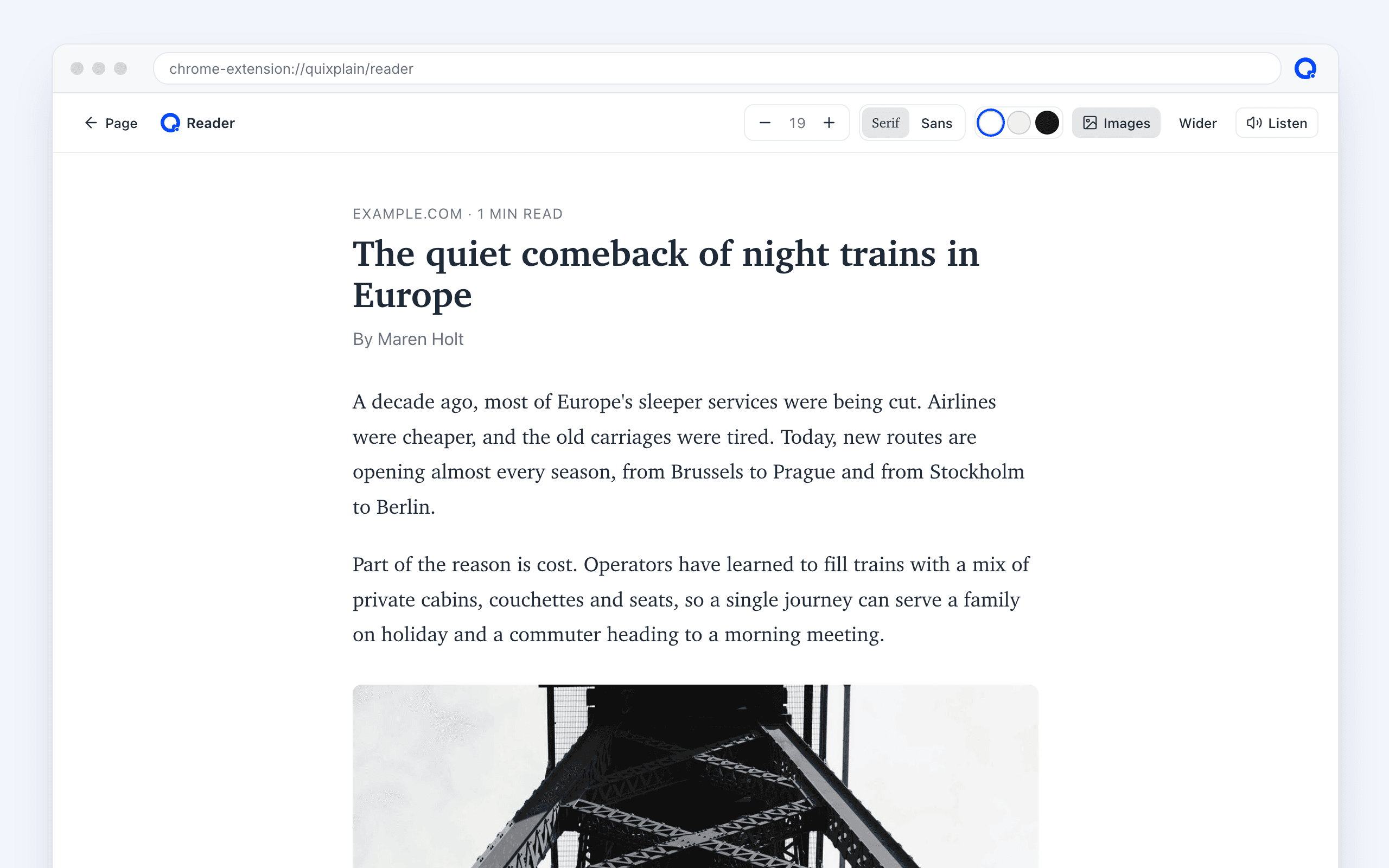 Reader view showing an article in a clean layout