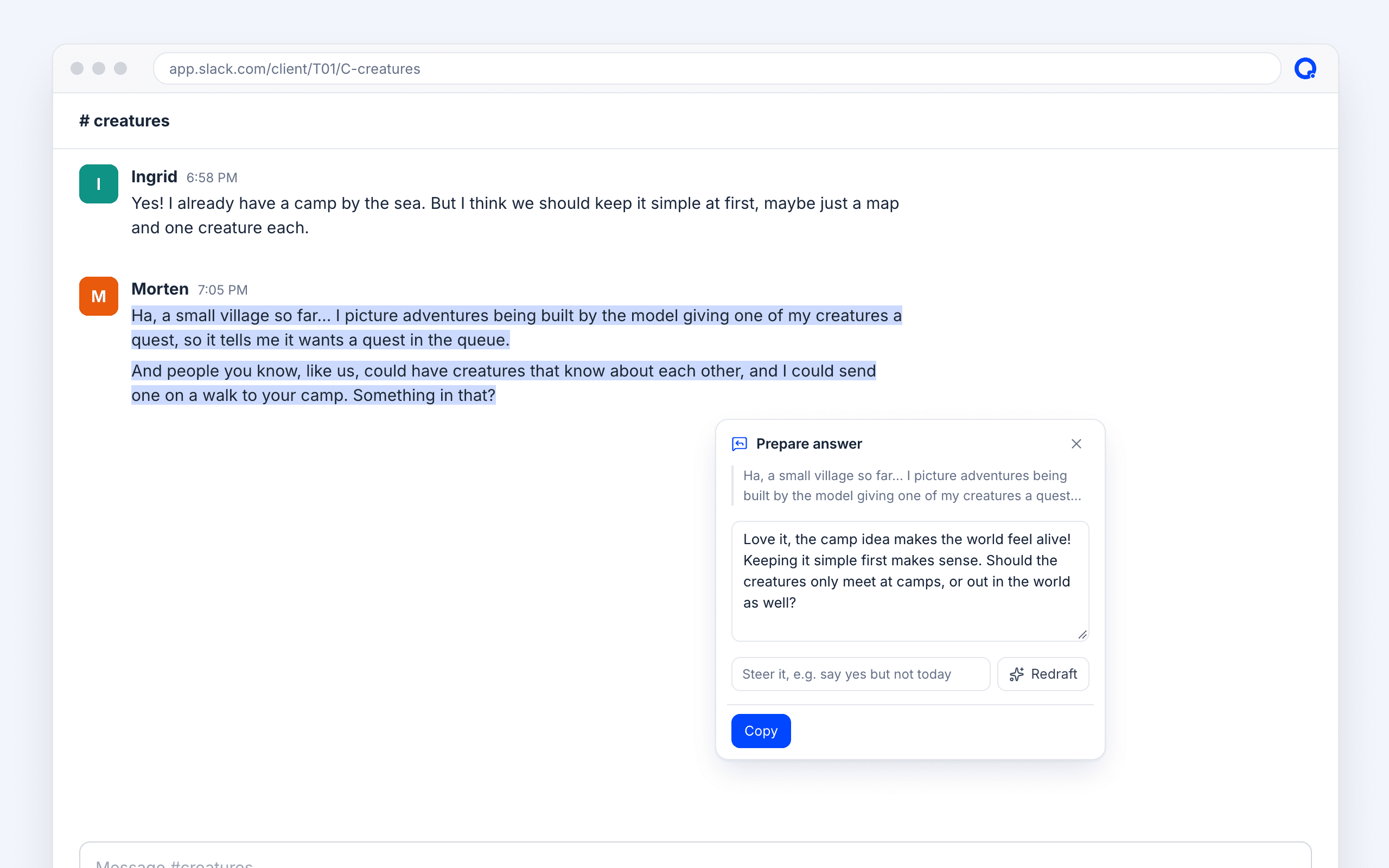Prepare answer drafting a reply to a Slack thread